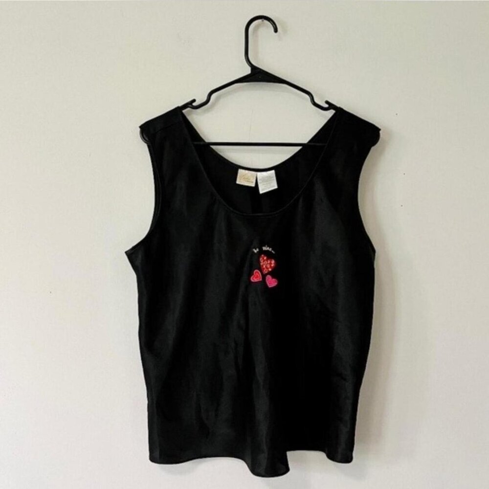 Vintage BE MINE embroidered satin tank top Sophia by Delicates pink red hearts